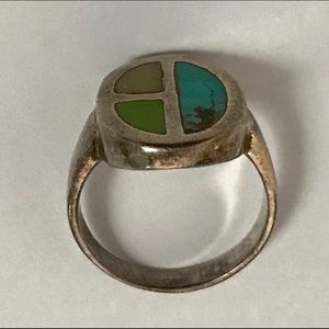 Natural 925 Silver Multi Gemstone Inlay Ring Sz 9